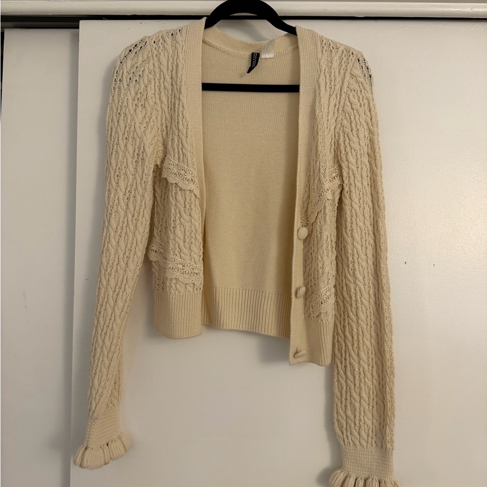 H&M Cream Cable Knit Ruffle-Hem Cardigan